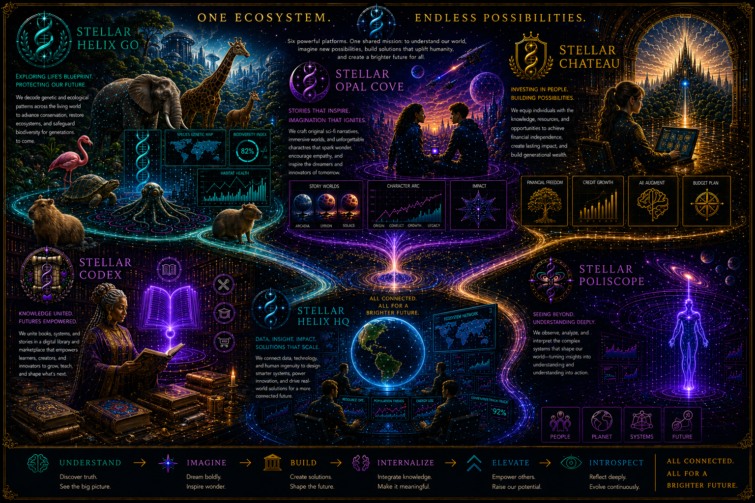 Stellar Helix ecosystem map: Stellar Helix Go, Stellar Opal Cove, Stellar Chateau, and Stellar Helix HQ